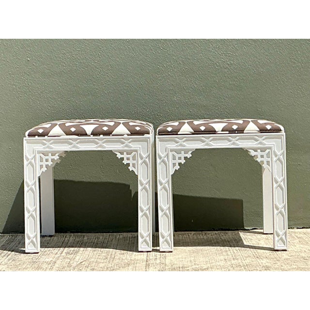 Vintage White and Brown Fretwork Upholstered Stools - A Pair For Sale - Image 9 of 12