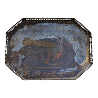 Antique Painted Tole Tray With Pierced Beaded Gallery and Chinoiserie Border For Sale