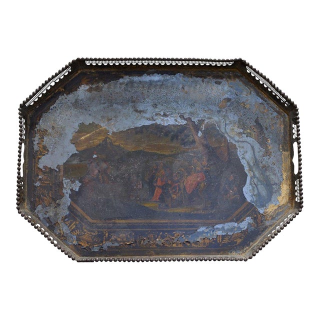 Antique Painted Tole Tray With Pierced Beaded Gallery and Chinoiserie Border For Sale