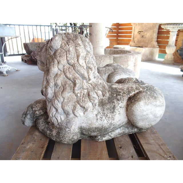 Pair of Recumbent Reconstituted Stone Garden Lions From Belgium, Circa 1960 For Sale - Image 12 of 12