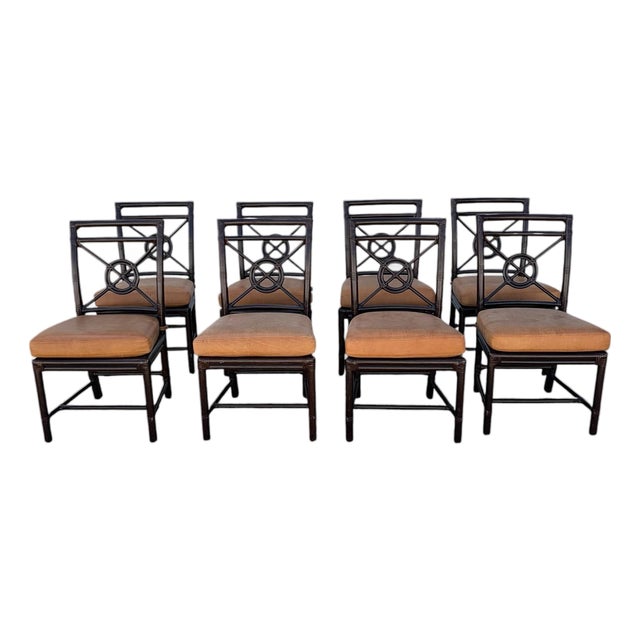 Late 20th Century McGuire Rattan Target Back Dining Chairs Set of 8 For Sale