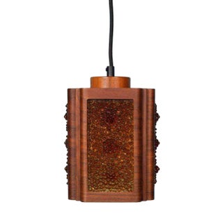 Vintage Glass & Teak Hanging Lamp, 1960s For Sale