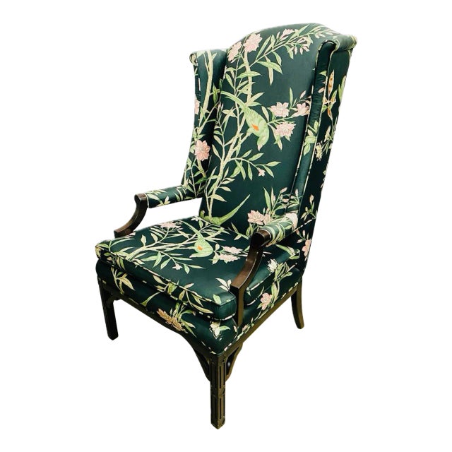 Vintage Chinoiserie Wingback Chair With New Tropical Upholstery. For Sale