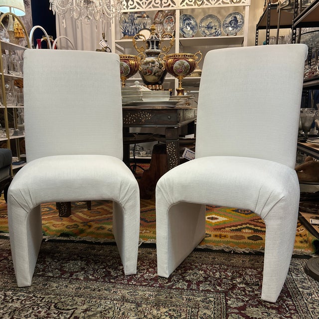 Postmodern Post Modern Linen Covered Roll Back Chairs 8 Pieces Available For Sale - Image 3 of 9