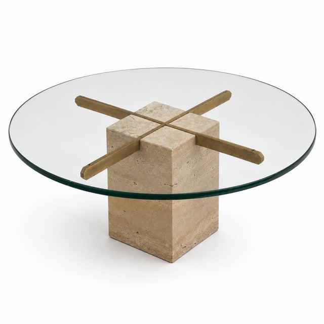 Vintage Round Travertine and Brass Coffee Table with Glass Top For Sale - Image 4 of 7