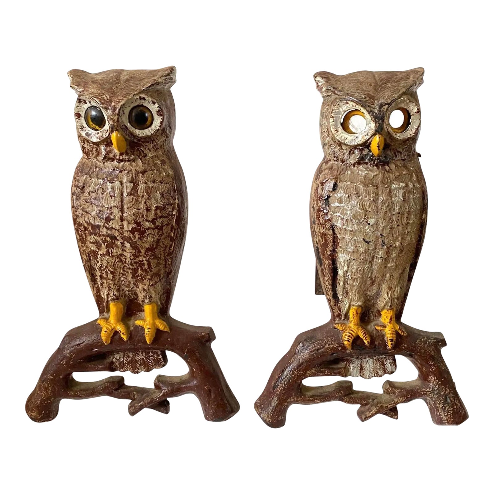 Antique Owl Fireplace Andirons Cast Iron Early 20th Century a Pair