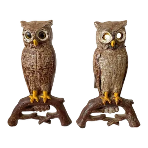 Antique Owl Fireplace Andirons Cast Iron Early 20th Century a Pair