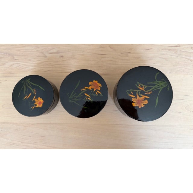 Vintage Black Lacquered Japanese Hand Painted Nesting Trio Boxes The largest box is 5"D by 2.5"H