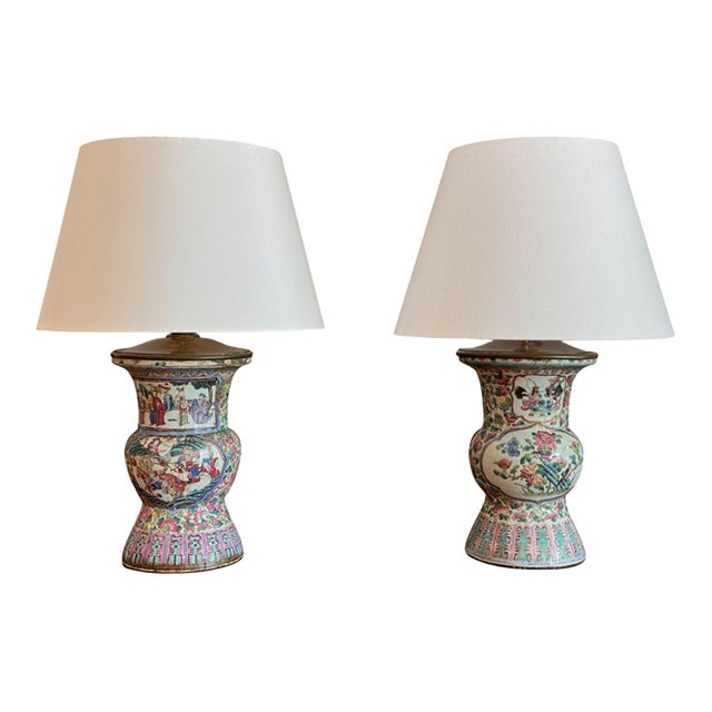 Near Pair of 19th Century Chinese Export Baluster Form Vases Fashioned Into Lamps For Sale