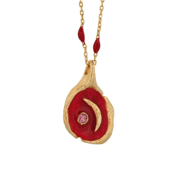 Early 21st Century Red Moon Pendant Gold & Enamel Chain Necklace For Sale - Image 5 of 8