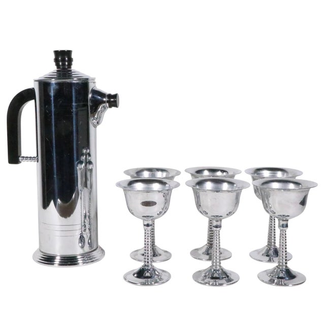 Metal Mid 20th Century Seven Piece Chrome Art Deco Cocktail Set Marked l.b. Chromium Plated For Sale - Image 7 of 15