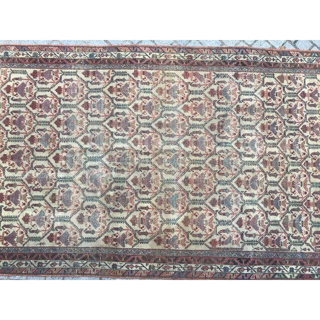 Beautiful antique Kurdistan rug with nice decorative design and white field color with blue, pink, red, dark brown and...