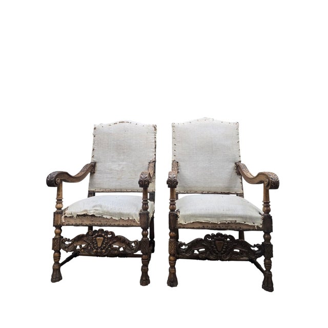 Antique French Henri II Renaissance Revival Carved Walnut Throne Armchairs – 4 For Sale - Image 11 of 11