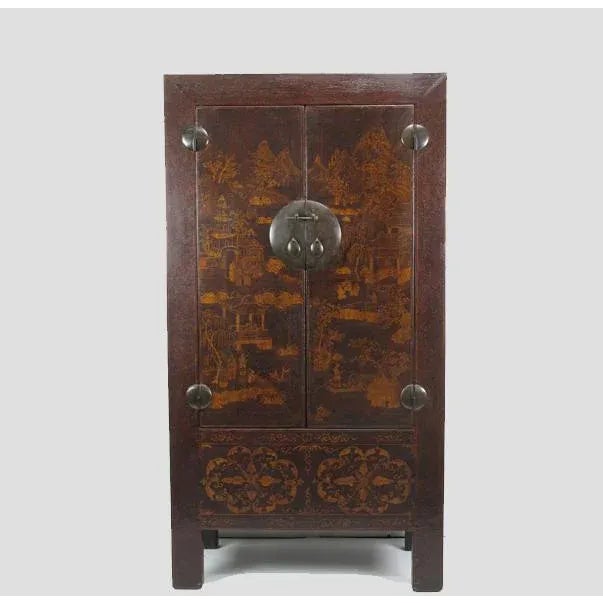 Adorned with intricate, handpainted scenes on the doors and drawers, this antique cabinet exemplifies the concept of...