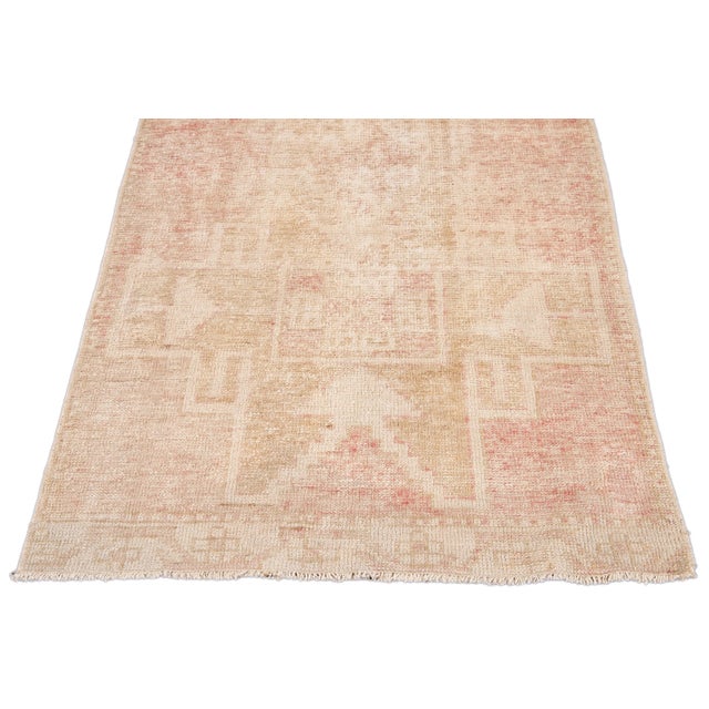 Vintage Turkish Shabby Chic Beige and Pink Handmade Geometric Wool Runner For Sale - Image 9 of 10