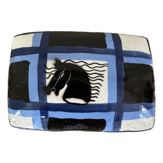 Vintage Aldo Londi Bitossi Italian Mondrian Ceramic Box Featuring Stylized Horsehead For Sale