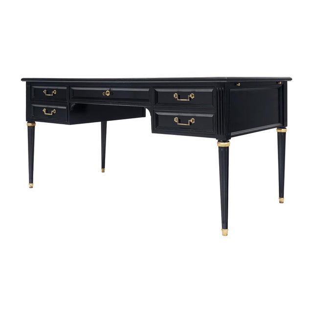 Classic, French Louis XVI Writing Desk, Ebonized Mahogany, Leather For Sale In Austin - Image 6 of 9
