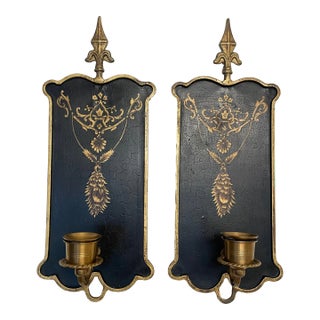 Pair of French Toile Black and Gold Painted Candle Sconces For Sale