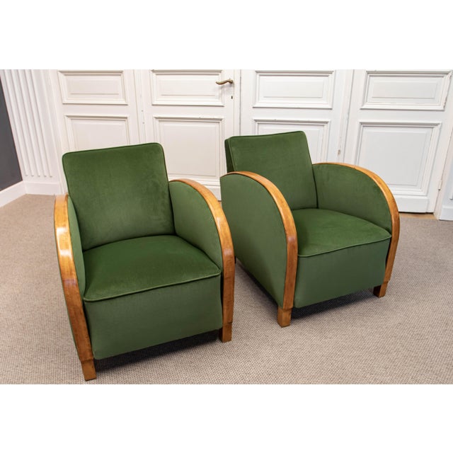 Vintage Green Velvet Lounge Chairs with Wooden Arm Overlays, Sweden, 1930, Set of 2 For Sale - Image 4 of 15