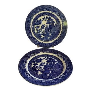 Antique Allertons LTD Blue Willow 10" Dinner Plate Smooth Edge Crown Stamp Staffordshire England 1929 - a Pair For Sale