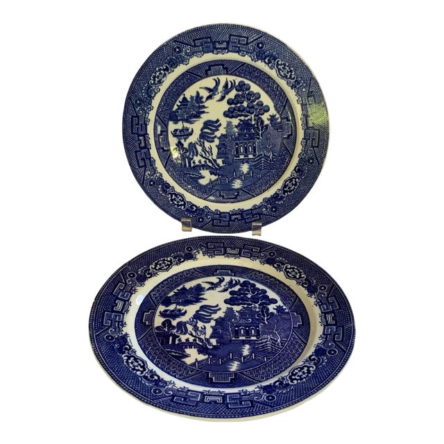 Antique Allertons LTD Blue Willow 10" Dinner Plate Smooth Edge Crown Stamp Staffordshire England 1929 - a Pair For Sale