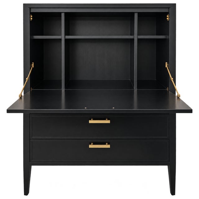 Elegant bar cabinet finished in a rich black with warm brass-tone hardware, this substantial piece has a clean,...