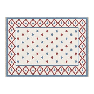 Handwoven Cotton Area Rug Vegetable Dyed Sky Blue, Cream and Terracotta Star Patterned Dhurrie - 6'x9' For Sale