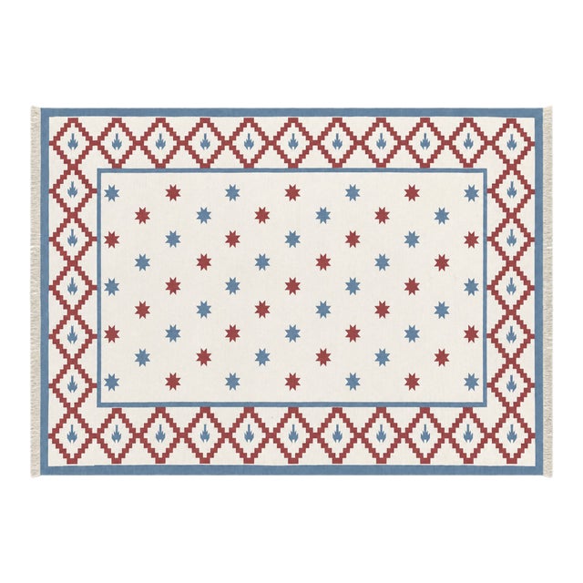 Handwoven Cotton Area Rug Vegetable Dyed Sky Blue, Cream and Terracotta Star Patterned Dhurrie - 6'x9' For Sale