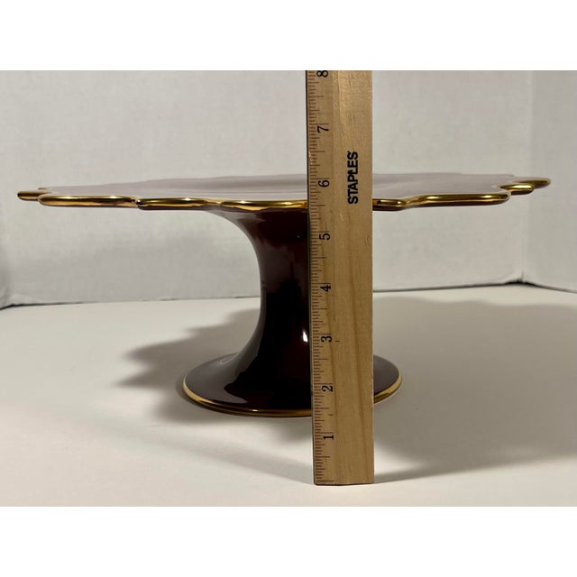Ceramic Contemporary l'Objet Portugal Pedestal Cake Stand Brown With 24k Gold Trim For Sale - Image 7 of 8