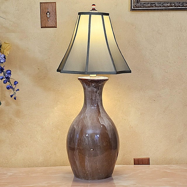 Mid-Century Modern Vintage Ceramic Drip Glaze Table Lamp in Brown Studio Pottery Style With Tapered Shade For Sale - Image 3 of 18
