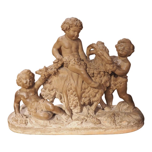 19th Century Patinated Terra Cotta of Bacchanalian Putti Playing With Goat For Sale