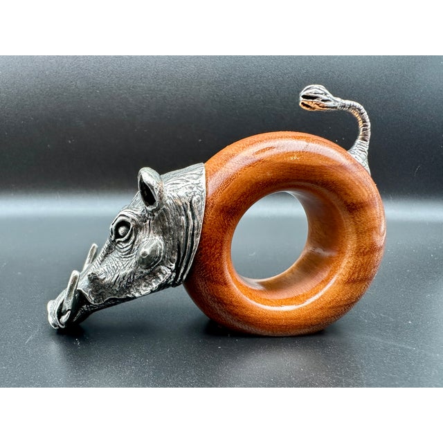 Vintage 1980s Makoulpa South African Pewter & Wood Safari Animal Napkin Rings – Set of 8 For Sale - Image 15 of 18