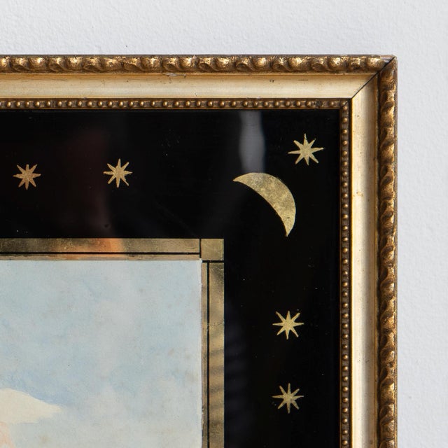 Small Antique Cherub Watercolour in Moon and Star Verre Egolisme Frame, 19th Century For Sale - Image 6 of 8