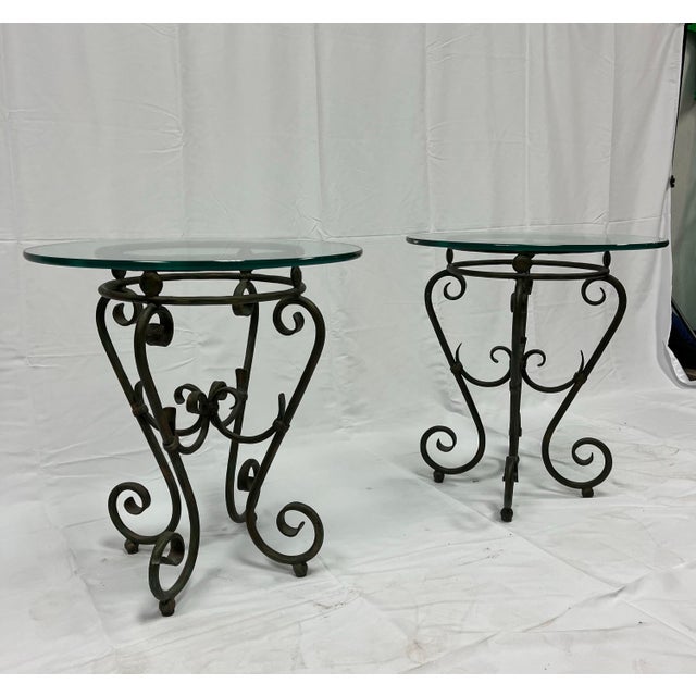 Mid 20th Century Vintage Scrolled Iron Glass Top Side Tables For Sale - Image 5 of 6