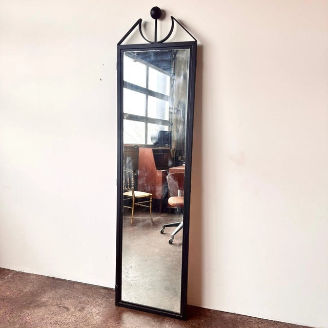 Vintage modernist black frame mirror with round pediment top. Leans against wall, no hanging brackets however could easily...