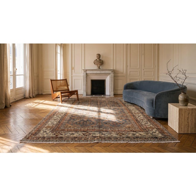 Classic Sky Blue Background With Ivory Border Geometric Floral Desing Century Persian Malayer Rug For Sale - Image 9 of 10