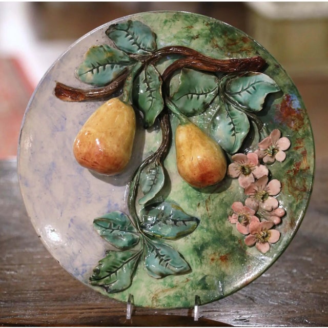 19th Century French Barbotine Faience Pear Wall Plate Longchamp For Sale - Image 10 of 12
