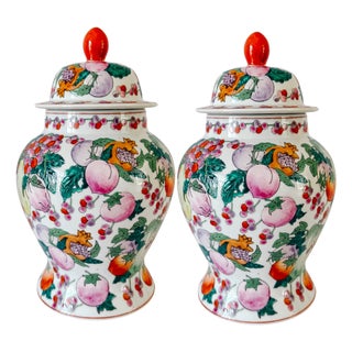 Vintage 1970s Chinese Export Porcelain Fruit Motif Temple Jars - Pair For Sale