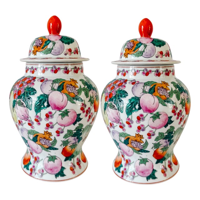 Vintage 1970s Chinese Export Porcelain Fruit Motif Temple Jars - Pair For Sale