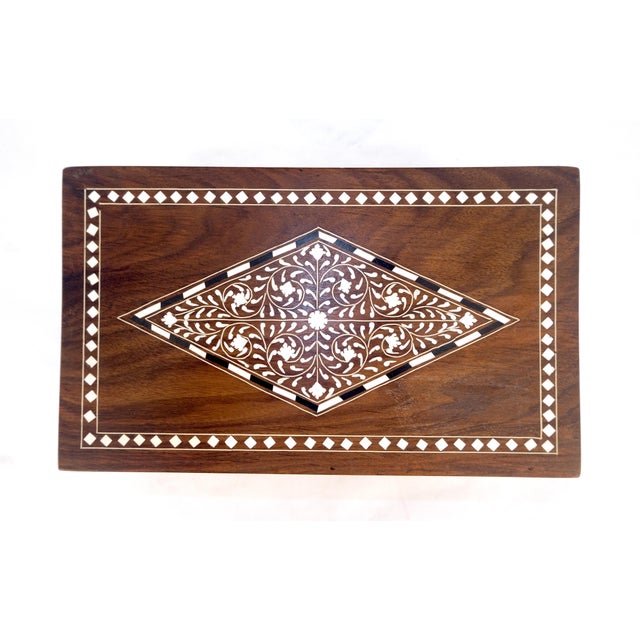 Late 20th Century Large Solid Teak Inlaid Jewlery Box w/ Geometric & Floral Motifs For Sale - Image 6 of 12