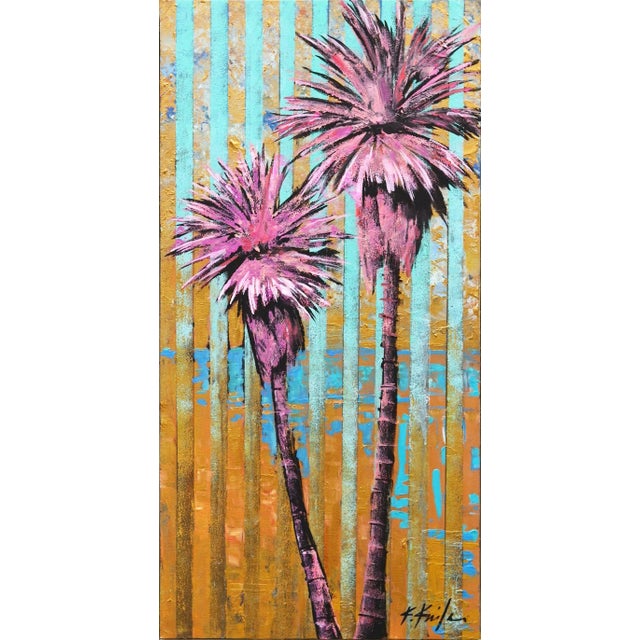 Lollipop Palms - Original Modern Artwork With Turquoise and Gold Stripes on Canvas by Kathleen Keifer For Sale - Image 9 of 9