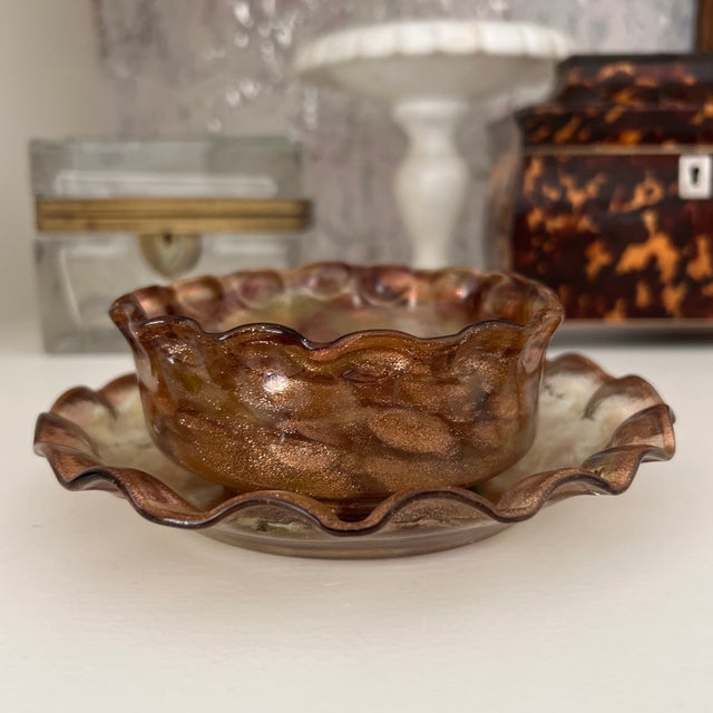Hand blown fluted murano glass finger bowl and plate