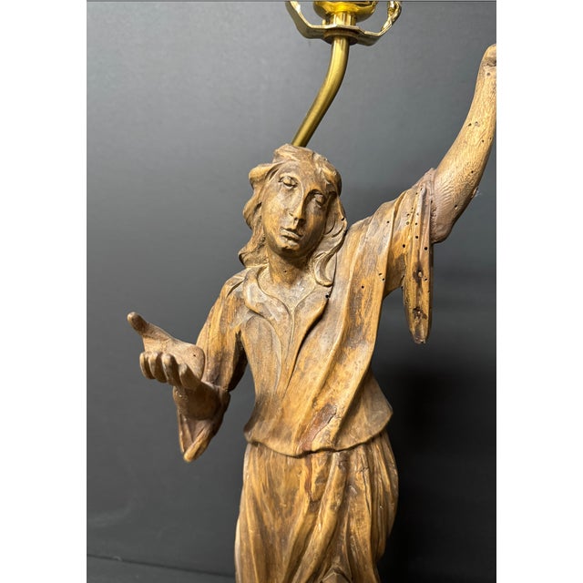 Early 20th Century Pair of Antique Walnut Carved Female Figure Lamps For Sale - Image 6 of 14