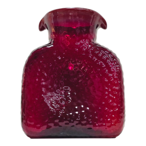 Vintage Ruby Red Textured Art Glass Vase MCM Sculptural Canteen Form Pinched Flared Rim 8”