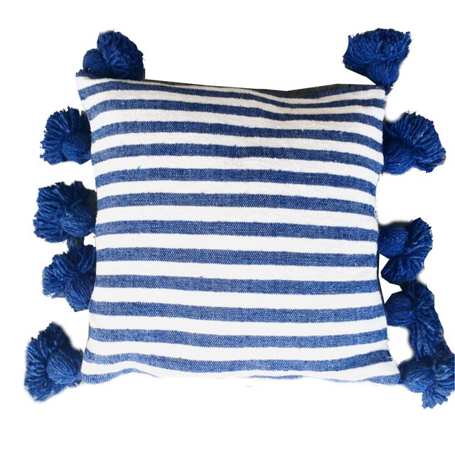 Moroccan Cobalt Blue & White Striped Pompom Pillow Cover For Sale - Image 3 of 3