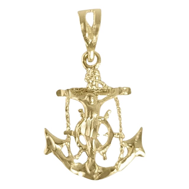 Crucifix Cross on Anchor with Diamond Cuts 14k Yellow Gold 16" For Sale