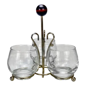Mid-Century Gold Bar Serving Caddy with 3 Whiskey Glasses- 4 Pieces