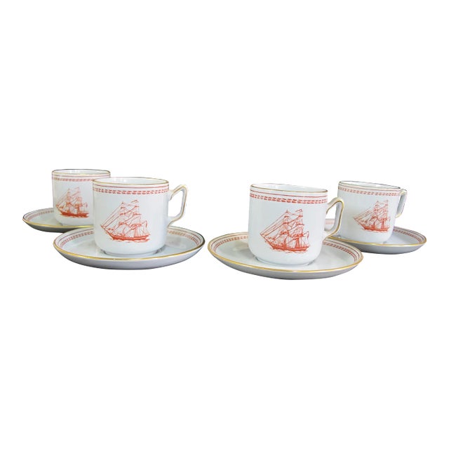 Spode Copeland Red Trade Winds Eliza Brig Built 1820 Demitasse Cup & Saucer Set For Sale