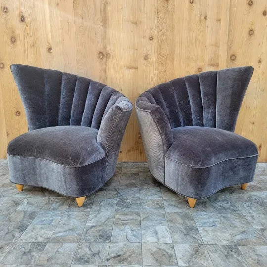 Gray Art Deco Asymmetrical Channel Fan Back Lounge Chairs and Ottoman Newly Reupholstered - 3 Piece Set For Sale - Image 8 of 9