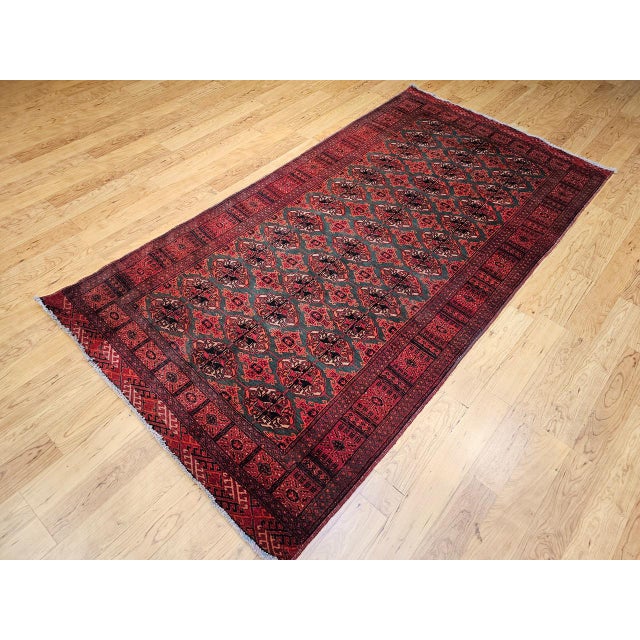1900 - 1909 Vintage Turkmen Area Rug, Hand-Knotted Wool, Allover Geometric Pattern, Pistachio Green & Red, 4x8 For Sale - Image 5 of 18